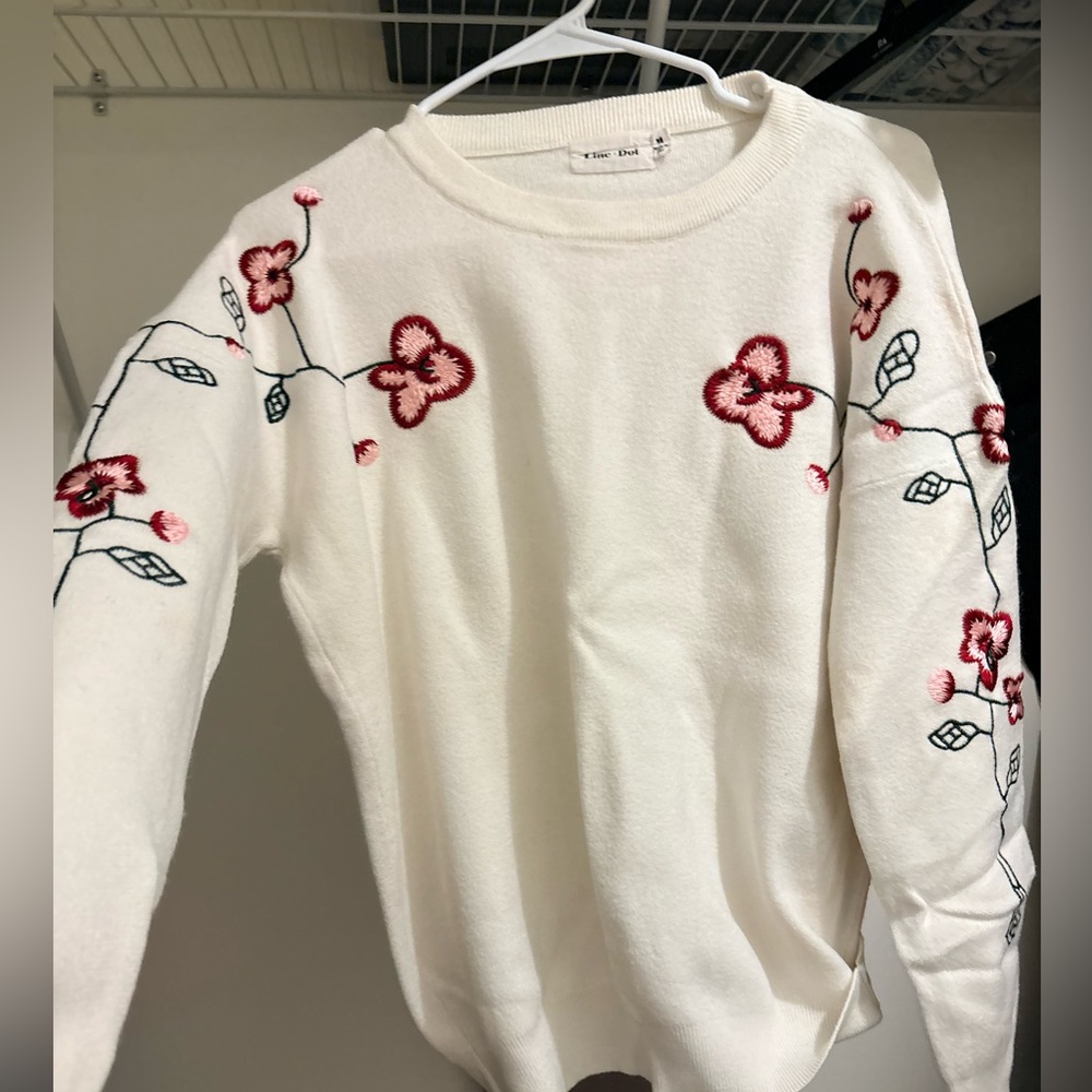 Line & Dot White Sweater with Red Floral Embroidery